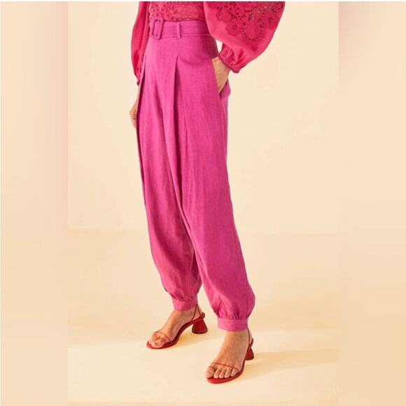 Farm Rio Pink High Waist Linen Pleated Cuffed Hem Waist Belt Taper Pants S - Picture 4 of 10